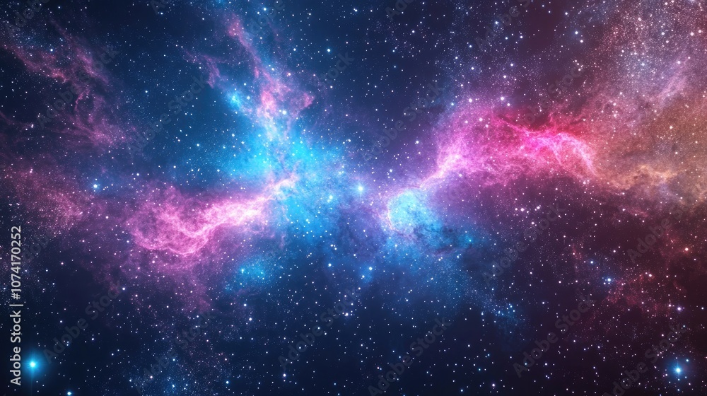 Poster Bright galaxy depicted in a 3D cartoon rendering Abstract stars set against a black background Fantasy fractal texture featuring blue and pink hues Digital art 3D rendering