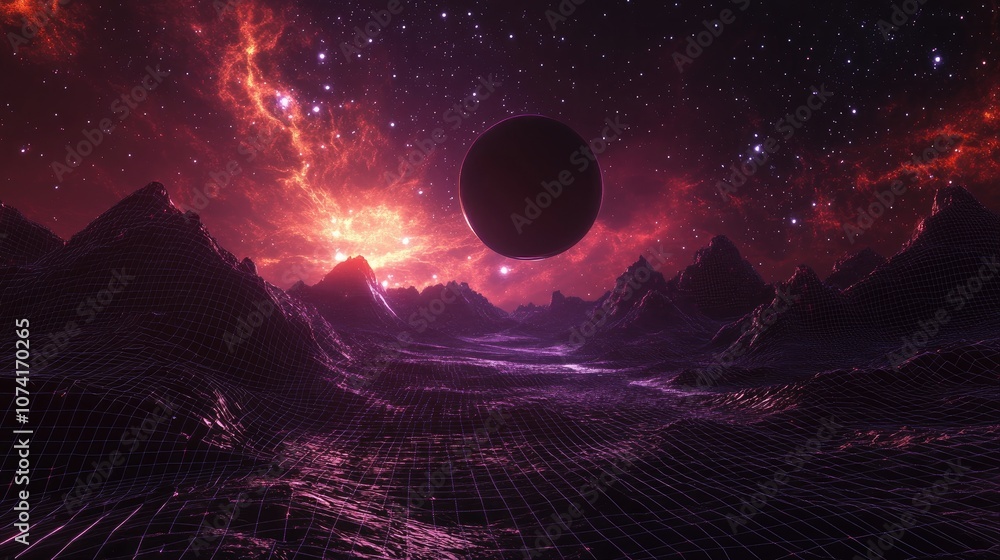 Aufkleber 3d illustration featuring a dark abstract landscape with a cyberspace grid and a starry outer space 