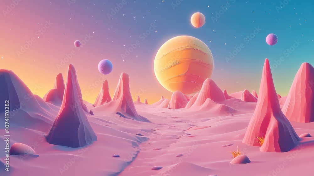 Poster 3d illustration of an alien planet in a cartoon rendering style