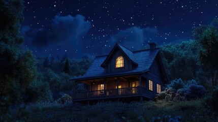 Roof of a house under the night blue sky depicted in 3D cartoon rendering