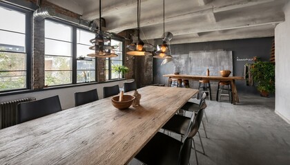 Warehouse-Style Industrial Dining Room with Raw Wood Table, Metal Chairs, and Concrete Flooring