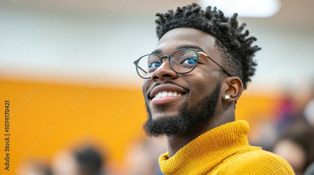 Poster a smiling student in a lecture hall expresses enthusiasm and engagement during a learning session at
