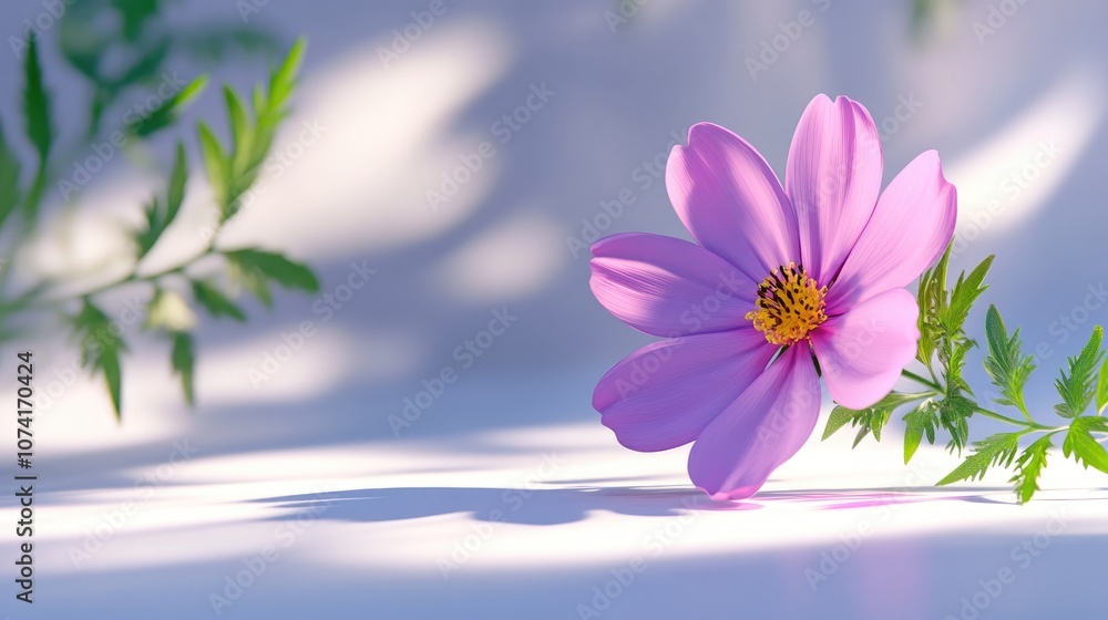 Poster detail of shadow on a white background featuring a pink cosmos flower in 3d cartoon rendering creati
