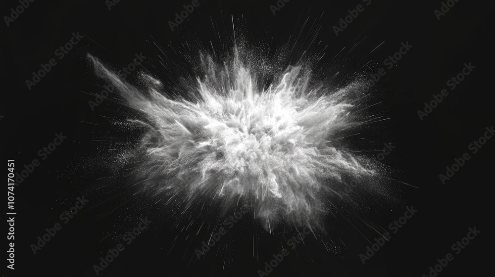 Poster Freeze motion of white particles on a black background in a 3D cartoon rendering Abstract dust overlay texture from a powder explosion