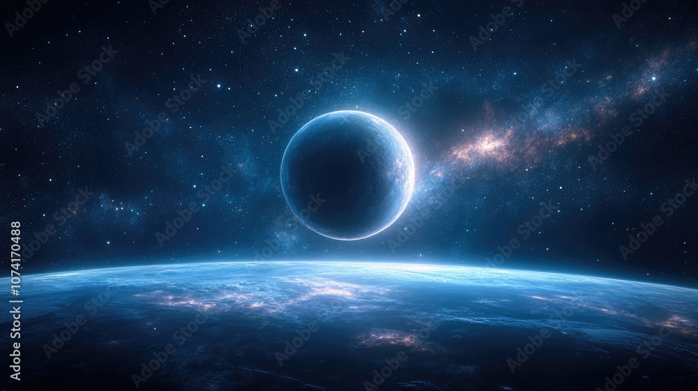 Poster illustration of a planet in deep space in 3d cartoon rendering