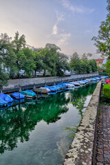 Zurich, Switzerland - July 26, 2024: Boats along the waterway of the Schanzengraben Promenade Zurich Switzerland
