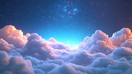 3D cartoon depiction of clouds and a space nebula set against a starry background