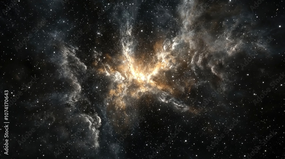 Poster 2D illustration with a 3D cartoon rendering in a deep space stellar background featuring a black universe and a cold nebula