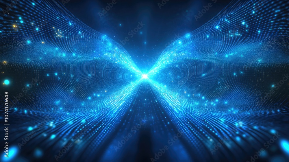 Fototapete Abstract sci fi background featuring 3D cartoon rendering with glowing particles that create curved lines surfaces hologram structures and virtual digital space A blue motion design backdrop with 