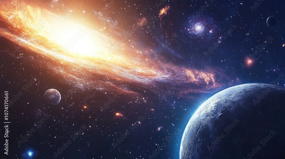 Poster stars of a planet and galaxy in free space depicted in a 3d cartoon rendering