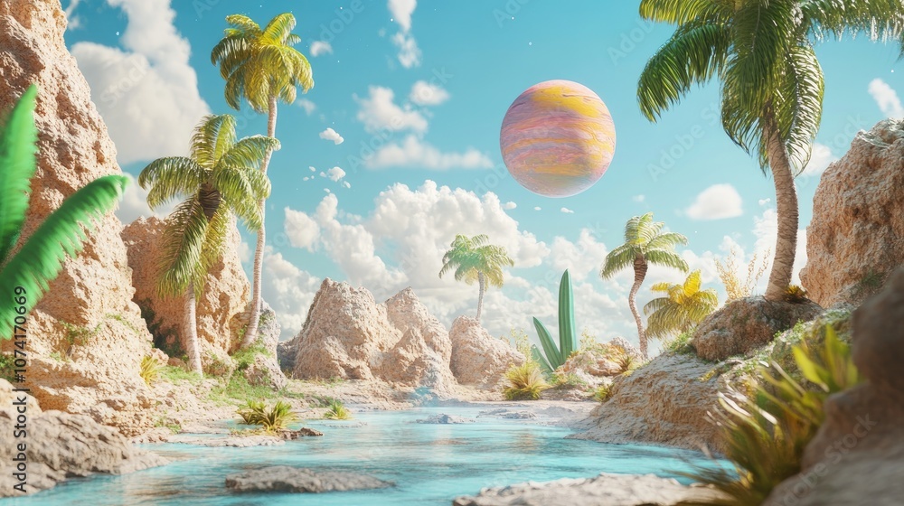Poster cartoon rendering in 3d of a planet