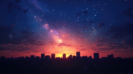 Nightscape landscape featuring a 3D cartoon rendering of a silhouetted urban cityscape with stars and the Milky Way galaxy against a sunset and sunrise backdrop