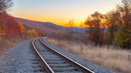 Fototapeta premium Witness the stunning sunset casting warm hues over railroad tracks, framed by colorful autumn trees and rolling hills