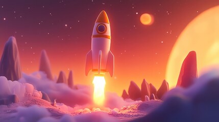3D cartoon illustration of a rocket a vehicle engineered to navigate through the Earth s atmosphere and propel into space using strong engines