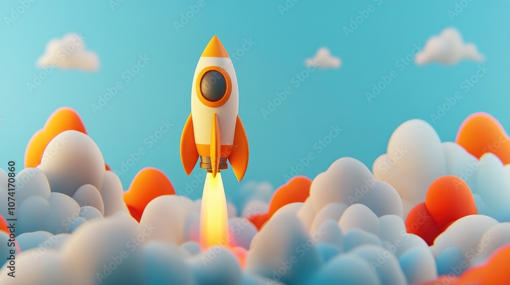 Aufkleber Abstract rocket soaring in the sky 3D cartoon rendering Raster version