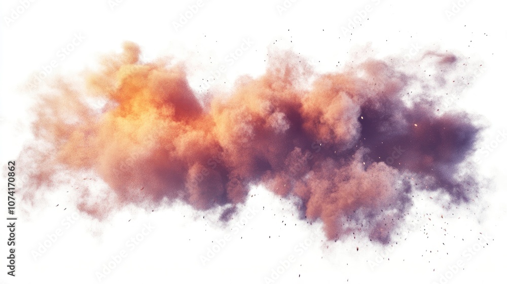 Poster colorful dust cloud explosion rendered in 3d on a white background