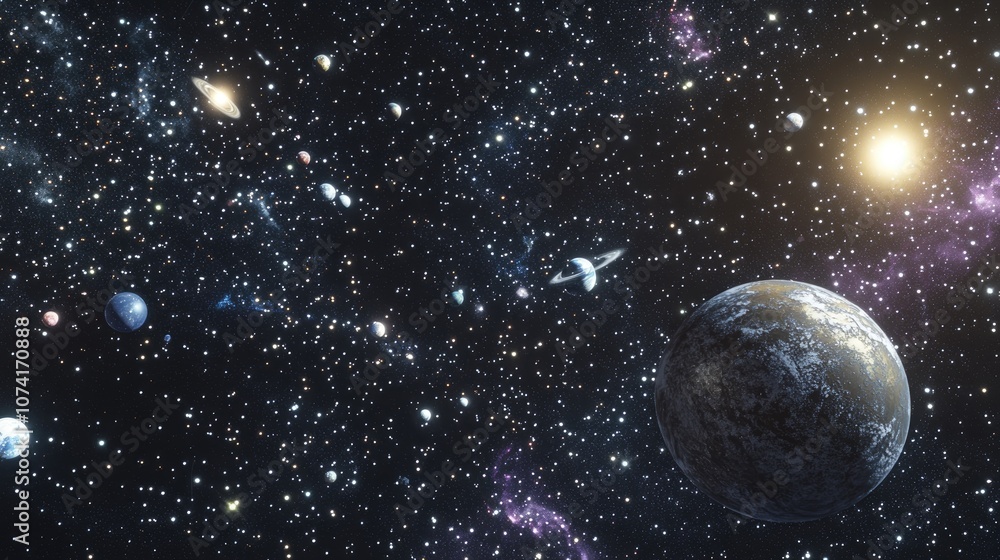 Poster Abstract representation of planets and stellar galaxies with a cluster of stars in an infinite Universe 3D cartoon rendering of