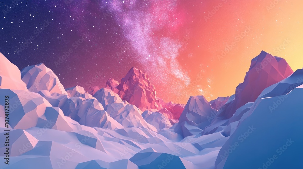 Poster Cartoon rendering in 3D of the Milky Way in a mountainous setting