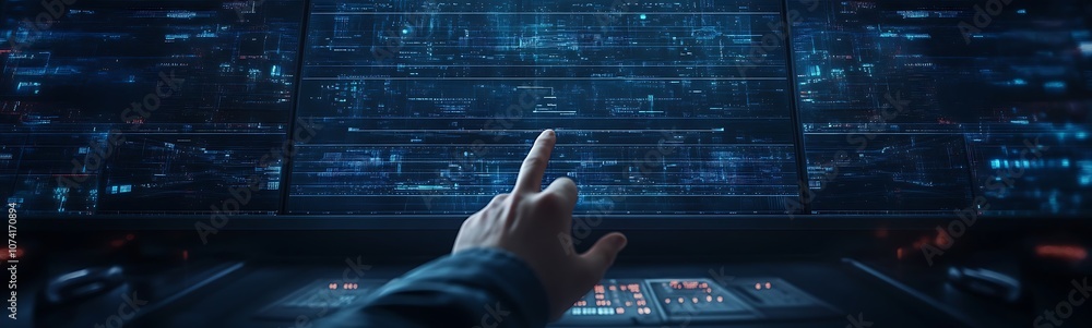 Poster A futuristic hand gestures towards a digital interface displaying complex data and glowing screens in a high-tech environment.