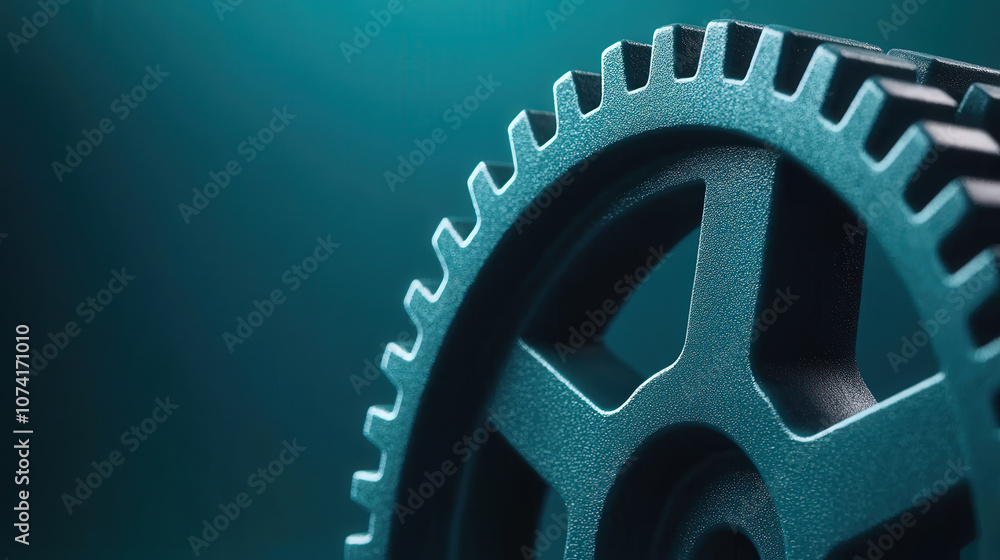Poster close up of metallic gear with sharp teeth, showcasing intricate details and textures. gear is set a