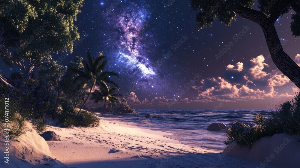 Poster cartoon rendering in 3d of a beach scene illuminated by the milky way
