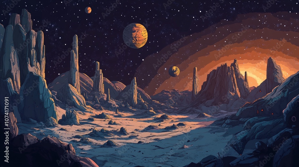 Aufkleber 2d illustration in a cartoon draw style featuring a vast and deep space scene the artwork includes s