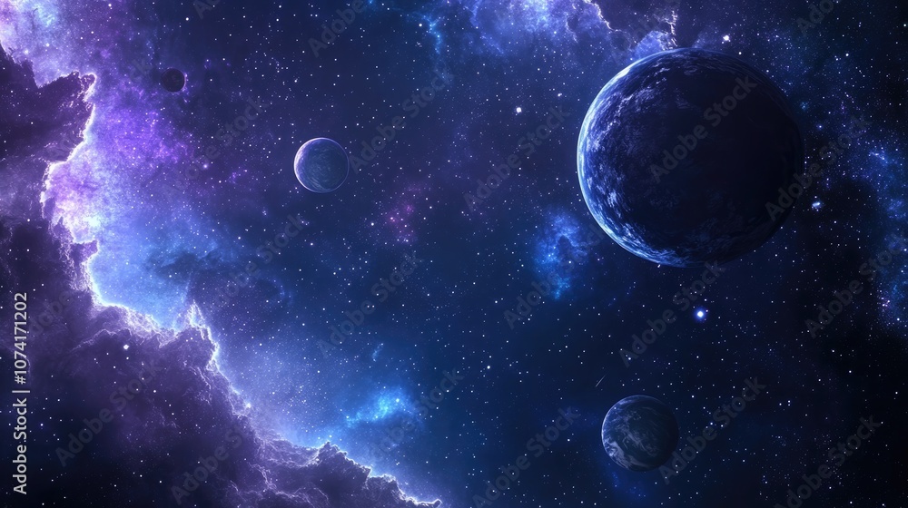 Poster 2d illustration featuring a cartoon background image deep interstellar space with stars planets and 