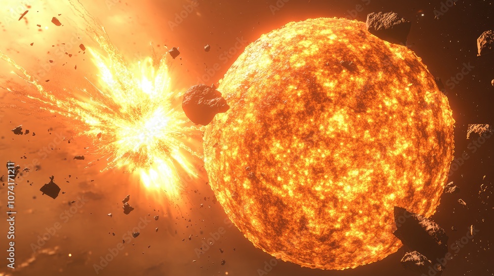 Poster large solar explosions and realistic solar flares on the sun s surface in a 3d cartoon rendering of 