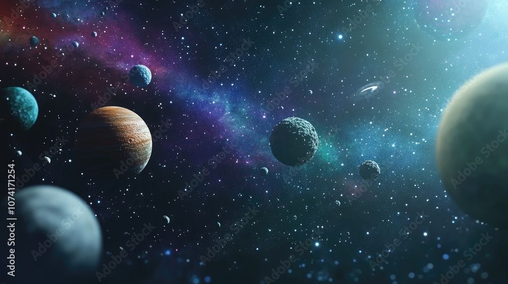 Aufkleber 2D illustration in deep interstellar space featuring a 3D cartoon rendering of stars planets moons and comets with diverse science fiction backdrops and space art