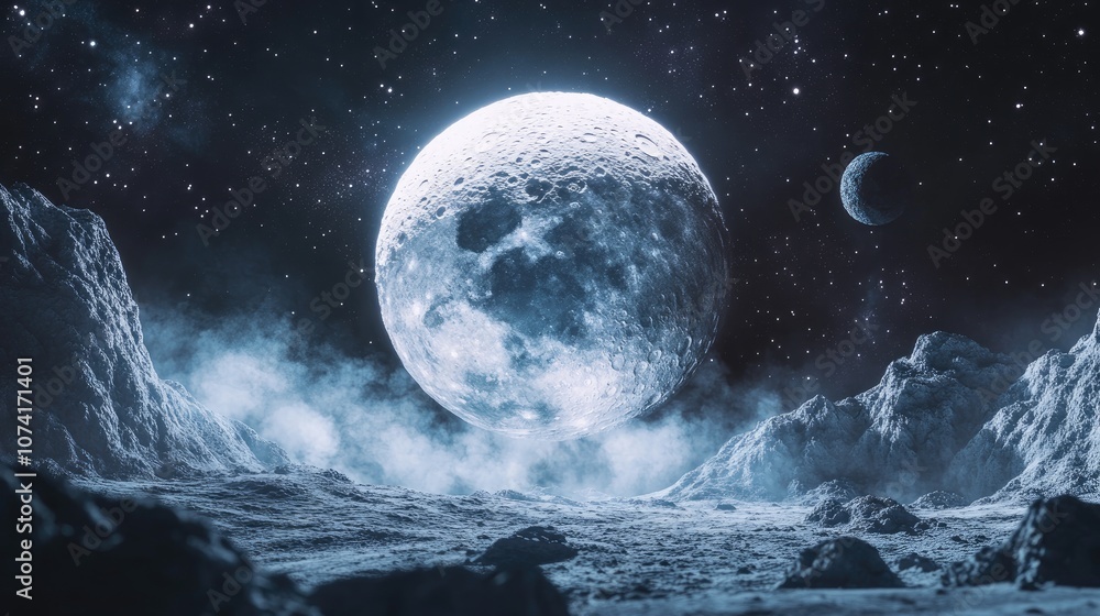 Poster artistic depiction of a fantasy moon in space created through 3d cartoon rendering beautiful illustr