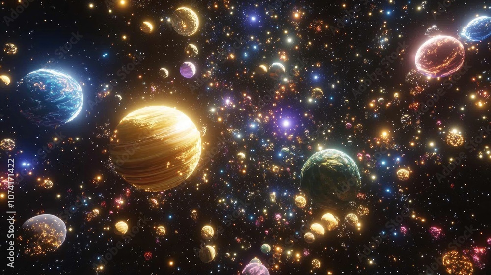 Poster rendering of a 3d cartoon depicting a 2d illustration of a deep vast space filled with bright stars 