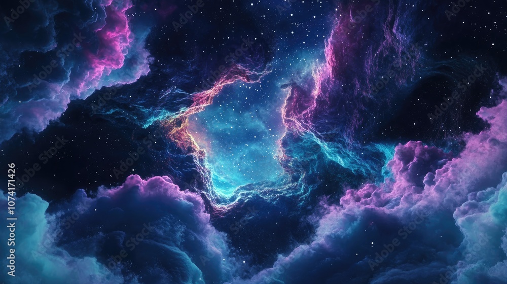 Poster Futuristic abstract space background featuring a night sky with stars and nebula in a 3D cartoon rendering