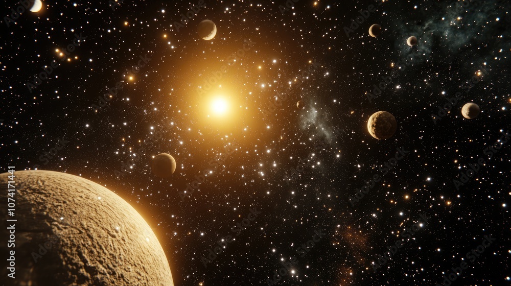 Poster Abstract representation of planets and stellar galaxies with a cluster of stars in an infinite Universe 3D cartoon rendering of