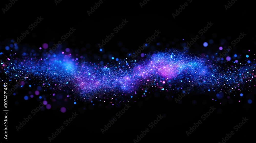 Poster Bright galaxy in a 3D cartoon rendering featuring abstract blue and purple sparkles against a black background Fantasy fractal texture Digital art