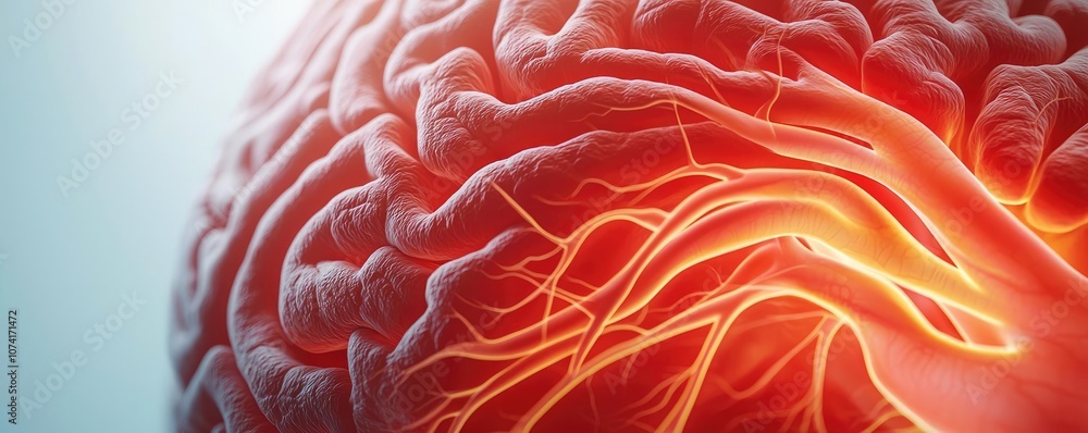 Poster close-up of a vibrant brain with neural pathways highlighted on a white background.