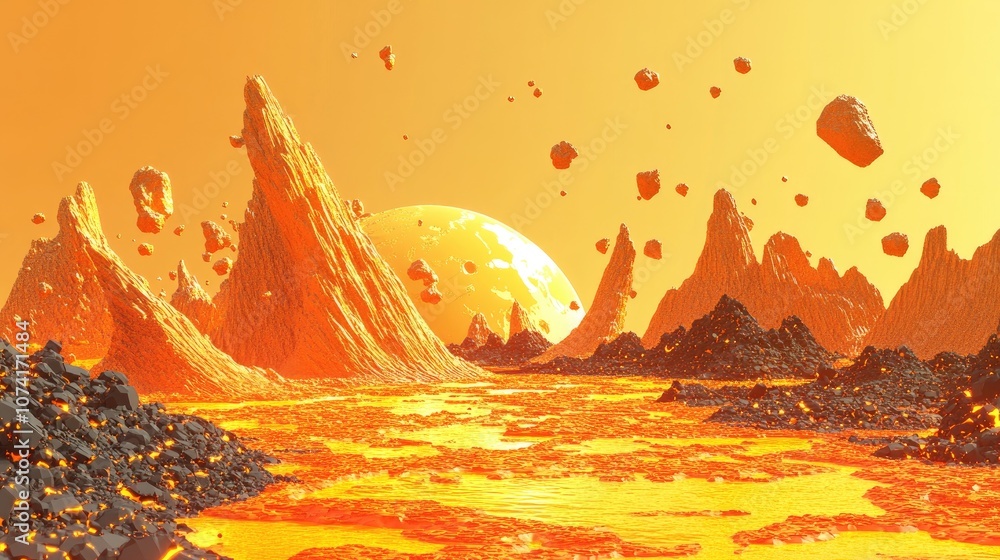 Poster cartoon rendering in 3d of a cut out planet composed of lava featuring orange rock formations suitab