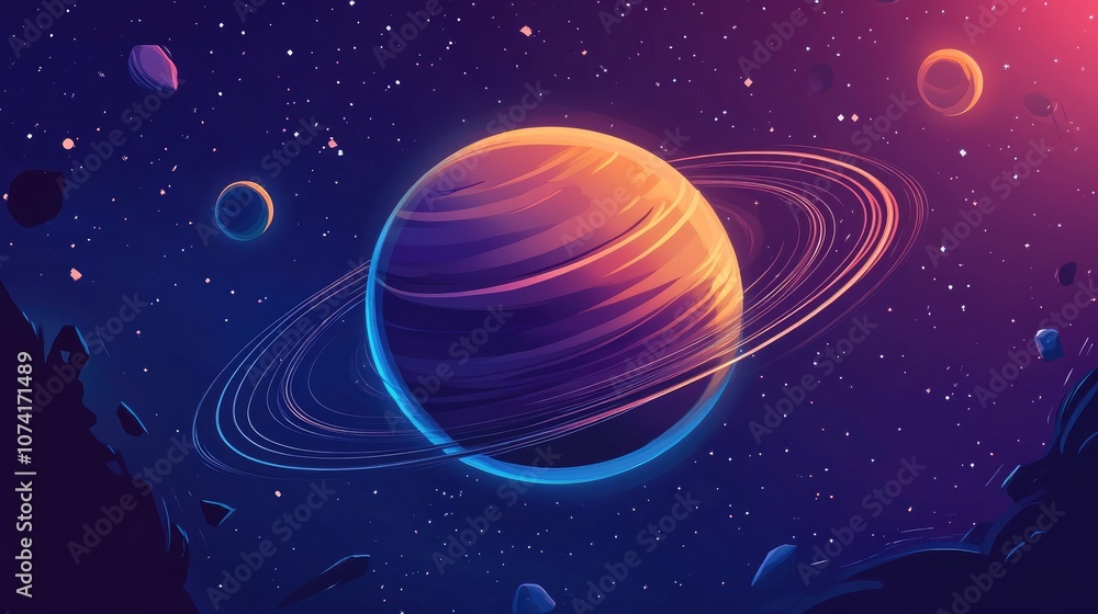 Poster cartoon depiction in 3d of a planet in deep space
