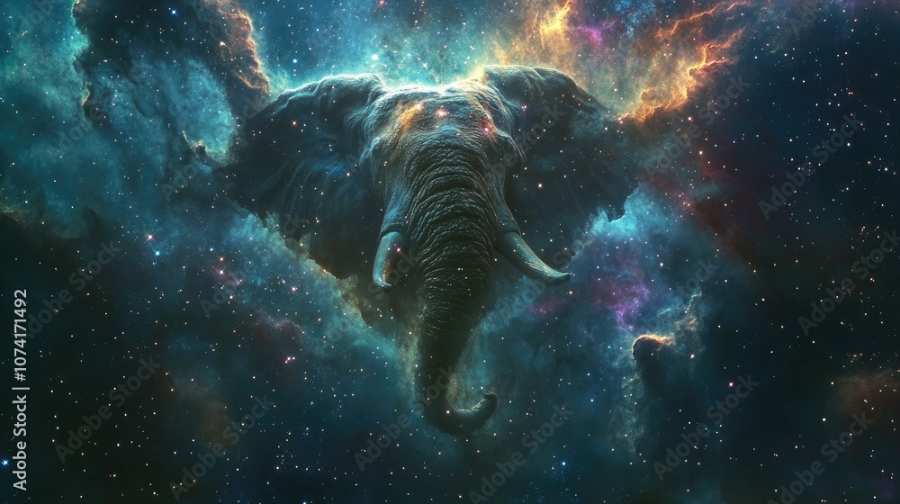 Poster 3D cartoon rendering featuring the Elephant Trunk Nebula at the center of the Cepheus Region surrounded by dense star fields and dust lanes in the Milky Way Galaxy