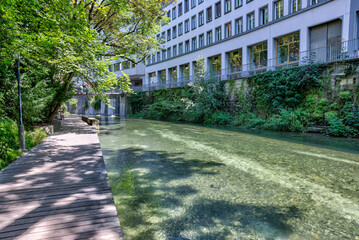 Zurich, Switzerland - July 26, 2024:  \cenery along the Schanzengraben Promenade Zurich Switzerland
