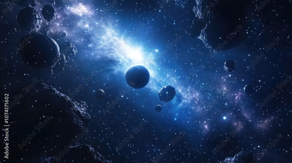 Aufkleber 2D illustration in deep interstellar space featuring a 3D cartoon rendering of stars planets moons and comets with diverse science fiction backdrops and space art