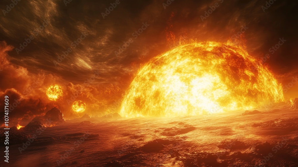 Poster large solar explosions and realistic solar flares on the sun s surface in a 3d cartoon rendering of 