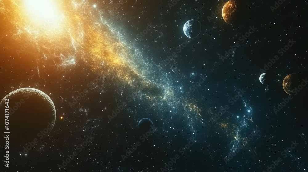 Poster 3d cartoon rendering showcasing a 2d illustration of deep vast space filled with bright stars planet