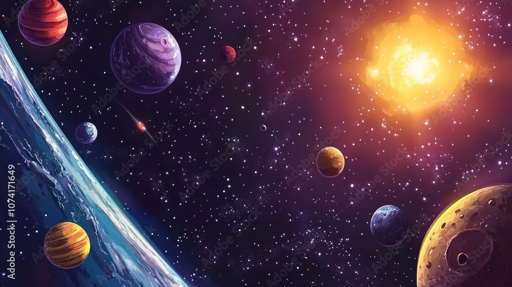 Poster 2d illustration featuring a cartoon space background with elements of deep vast space stars planets 