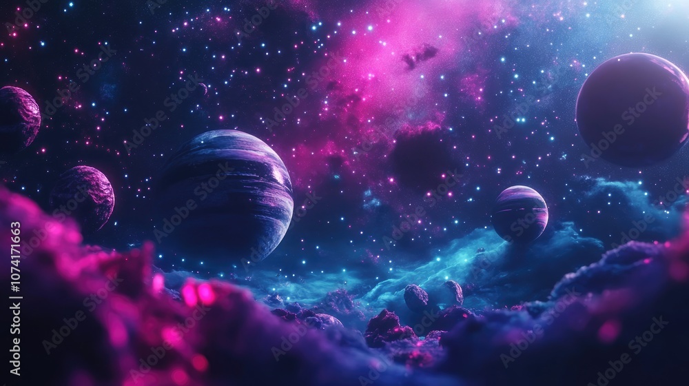 Poster 2D illustration featuring a 3D cartoon rendering Expansive deep space with bright stars planets and moons An array of creative science fiction backdrops Space art depicting alien solar systems and