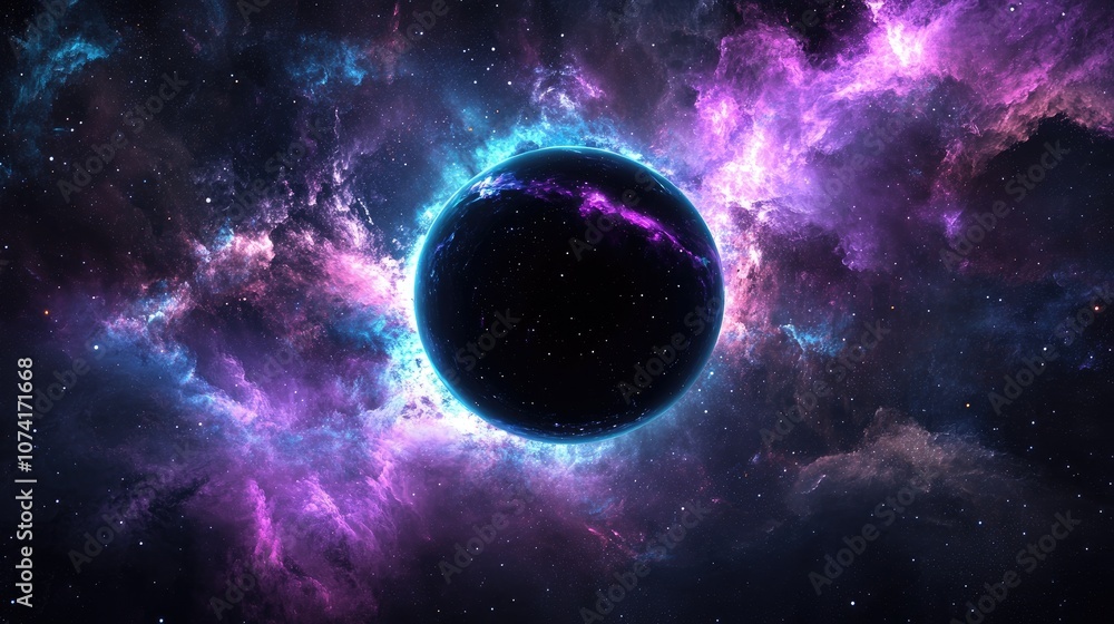 Poster 2d illustration featuring a deep space stellar background with a black universe and a cold nebula in