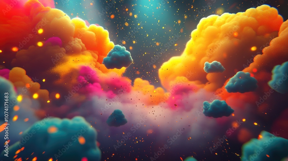Poster Colorful clouds and golden rays in a 3D cartoon rendering featuring a dark colored background and a dirty art pattern This abstract multicolor background showcases fantastic geometry and an artist