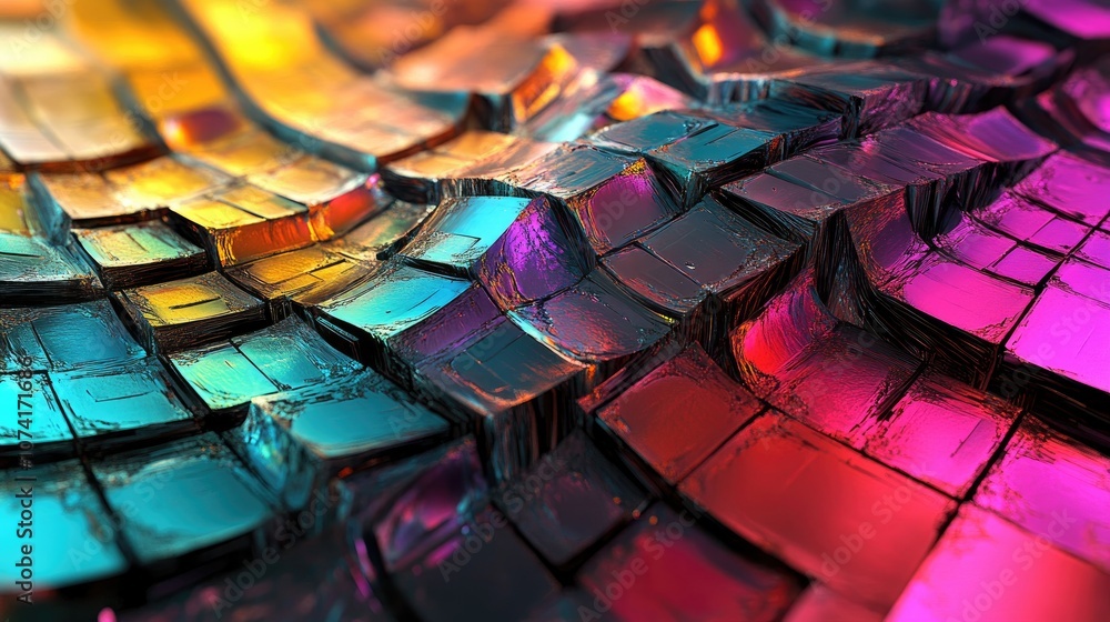 Poster Extruded abstract fractal background with a futuristic wavy design Modern art painting featuring trendy desktop wallpaper elements showcasing colorful 3D rendered cubes and squares