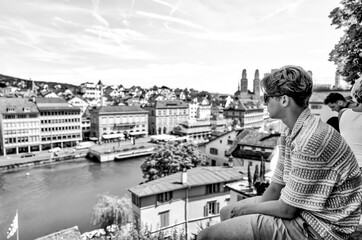 Zurich, Switzerland - July 26, 2024: People taking in the views from a viewpoint overlooking Zurich Switzerland
