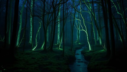 Fototapeta premium Bioluminescent Trees in a Twilight Forest with Glowing Stream