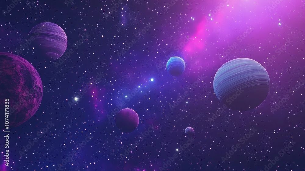 Aufkleber 2D illustration featuring a 3D cartoon render Background of deep interstellar space with bright stars planets moons and comets Diverse science fiction themed backdrops Space art